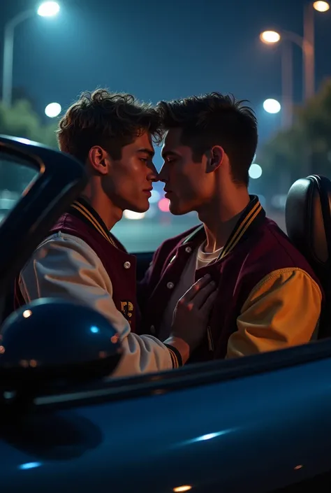 A handsome muscular college boy with a varsity jacket and a handsome muscular college boy with a varsity jacket riding inside a sport car at night kissing