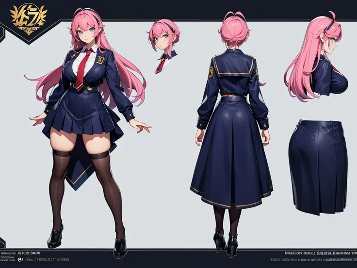 Female original character action reference sheet adoptable, Full body, Huge legs, Huge Breasts, sexy pose, highly detailed Beautiful face, school student, schoolgirl, school uniform, panties, breast data, pussy data, pussy, bimbo, sexy slut, picture of her...