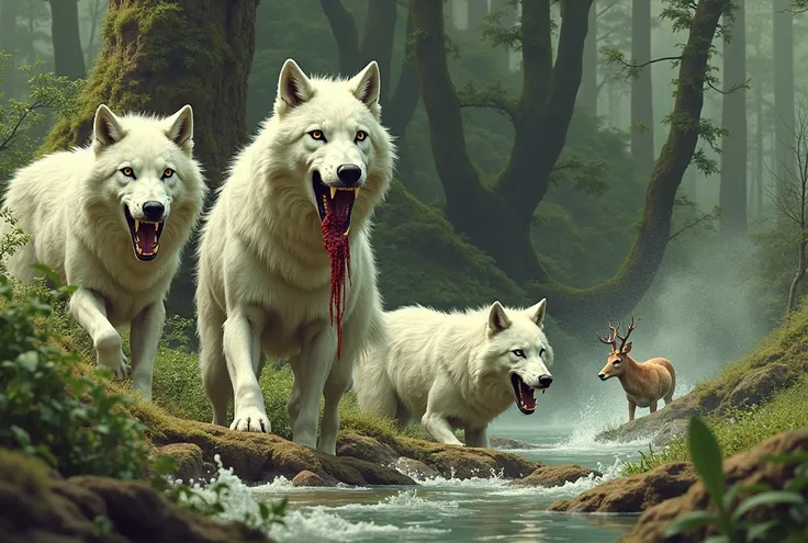 White wolves with exposed fang-like eyes and blood in a forest with a wolf hunting deer in a flowing river