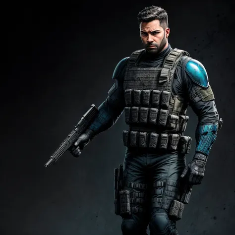 A **soldier character** wearing a **bulletproof vest with visible bullet holes**, holding a **modern assault rifle** confidently across his chest. The soldier has **short black hair and a beard**, with a **calm but determined expression**. His tactical gea...