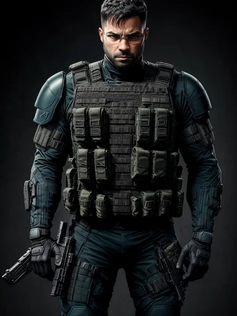 A **soldier character** wearing a **bulletproof vest with visible bullet holes**, holding a **modern assault rifle** confidently across his chest. The soldier has **short black hair and a beard**, with a **calm but determined expression**. His tactical gea...