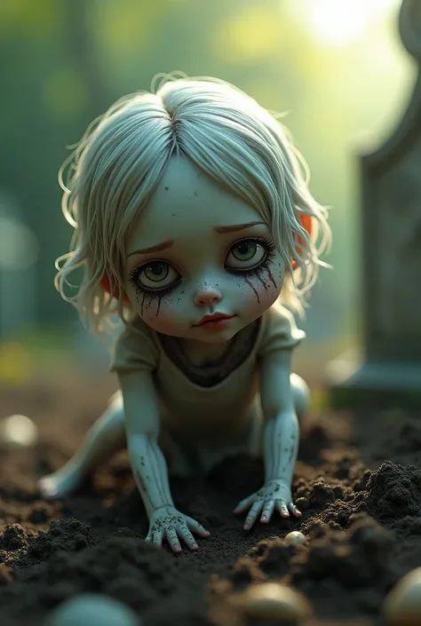 A female zombie crawling out of the soil of a graveyard,Not scary, cute zombies,土に塗れている,Crying man,bright,Heartful