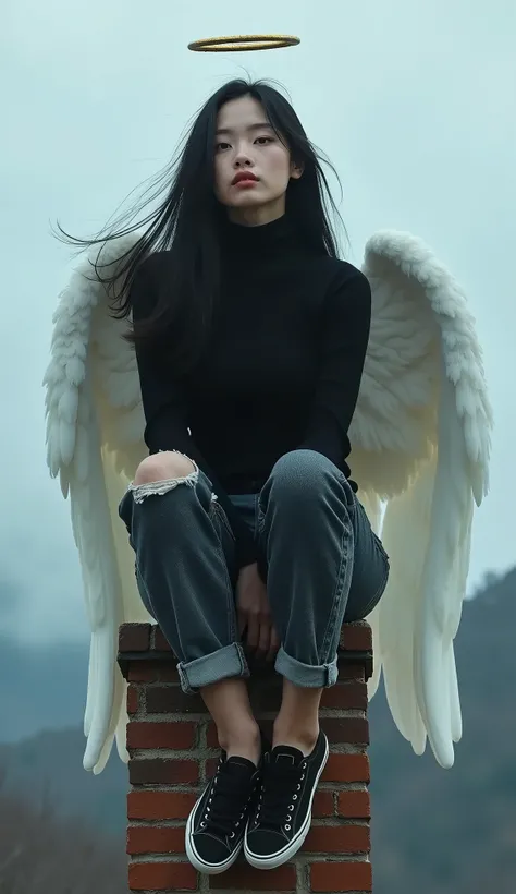 live-action、Real、1 person, Idol, Very beautiful Japanese girl,Straight Long Hair、 Black turtleneck sweater、Black Denim、Black sneakers、Angel Halo、Wrap yourself in angel wings、movie、photograph, Depth of written boundary, Model, window, looking at viewer,Clou...