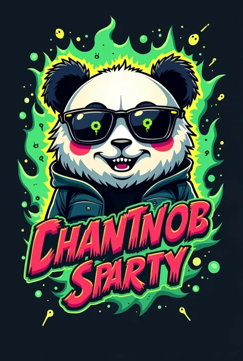 GENERATE A LOGO FOR AN URBAN T-SHIRT BRAND THAT IS MORE COLORFUL WITH AN IMAGE OF THE HIP HOP PANDA BEAR SUNGLASSES ALLUSION OF A CARICATURE OF RICK AND MORTY THAT HAS THE COLOR GREEN AND THE NAME ALSO ALLUDES TO GHOSTS OR DANY PHANTOM AND CHUCKY

