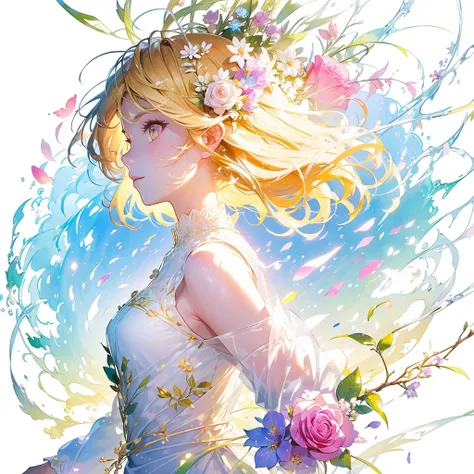 (masterpiece、Best Quality、Best Quality、Beautiful and beautiful:1.2)、Excellent anatomy、（Watercolor painting 1.5）、Long Shot、straight short hair images、Blonde、Golden Hair Color, Beautiful Face、Beautiful profile, Look up at the sky, I pray, Rose Fairy Rose Flo...