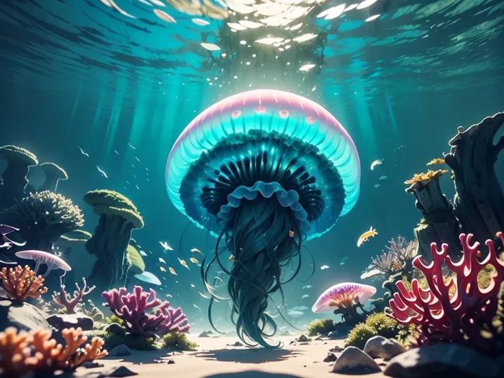 masterpieceBest Quality, (Very detailedなCG Unity 8Kの壁紙), (Best Quality), (Best illustrations), (Best Shadow), Marine theme with natural elements. Tall mangrove, rich Seaweed, Luminous jellyfish, 光るParticle Effects,, (Seaweed), (Ocean Theme), ((Glowing Alga...