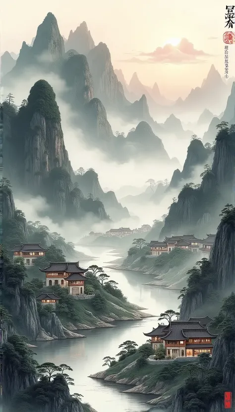 A painting of mountains with rivers and villages, Chinese painting style, inspired by Huang Binhong, traditional Chinese ink painting, ink painting, Traditional Chinese painting, Traditional Chinese art, Inspired by Zhang Shunzi, chinese landscape, Chinese...