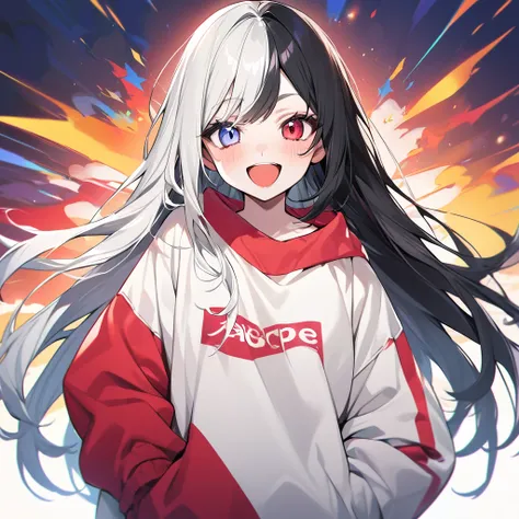 High definition image of a young woman with pale skin, long straight hair, half white and half black and she has heterochromia. Has a fun expression, jovial and wears an oversized sweatshirt.