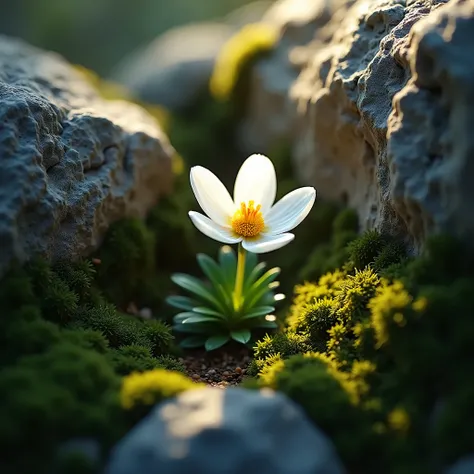 Generate an image of a small white flower with the center of the rock flower, it is in a crack in a rock with moss and only a ray of sunlight hitting it, a clear and good quality realistic image. 