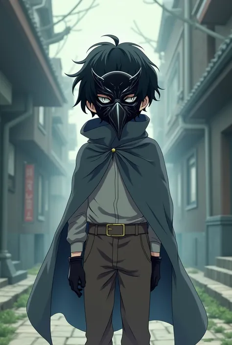 1boy,fluffy black hair,crow mask,brown pants,grey cape,anime,black gloves