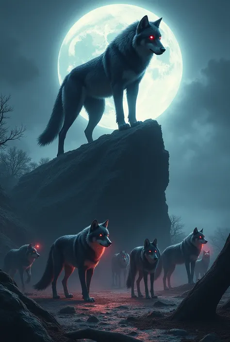 A giant wolf, leader of the pack, red eyes, large dams, shiny black fur, on top of a rock, a large full moon behind him, the other wolves, in attack position on the clearing floor, along with them in the clearing beautiful women who accompany the wolves