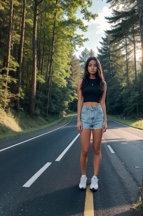 there is a woman standing on the side of a road, standing in road, on a road, in the countryside, photo taken in 2 0 2 0, in front of a forest background, dressed in a top and shorts, standing bravely on the road, low perspective, wide angle full body, pho...