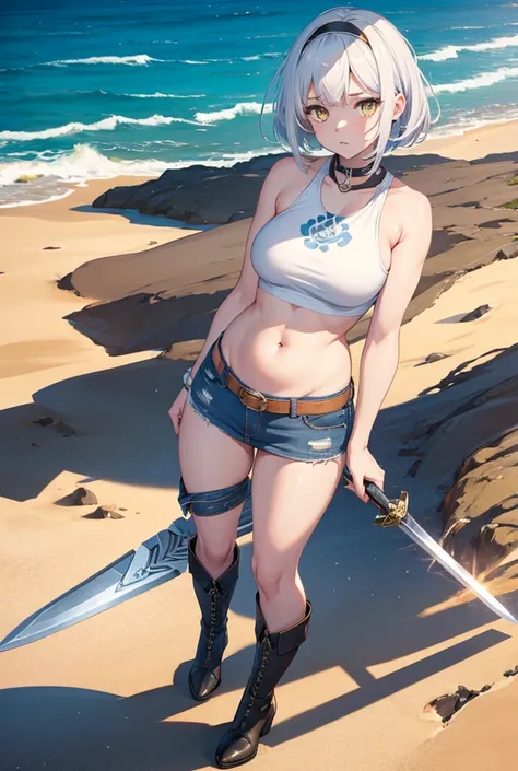 High Resolution, Master piece, Super detailed, Full Body display, Full body angle from head to boots, Fantasy characters, 1 girl, Cute face, Grey short hair, With long bangs, Yellow Eyes, High 170 cm., Weight 55 kg., Plump breasts, Milky white breasts, Per...