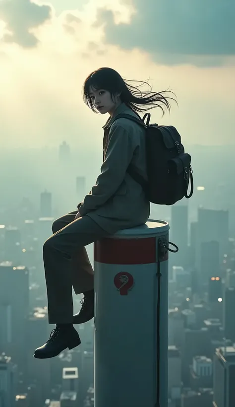 live-action、Real、1 person, Idol, Very beautiful Japanese men,Straight Long Hair、Pilot Suit、Headset、Backpacks、movie、photograph, Depth of written boundary, Model, window, looking at viewer,Cloudy、sitting at the top of a tall chimney、Hair blowing in the wind、...