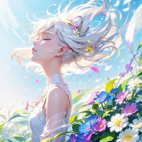 (masterpiece、Best Quality、Best Quality、Beautiful and beautiful:1.2)、Excellent anatomy、（Watercolor painting 1.5）、Long Shot、straight short hair images、White Hair Color, Beautiful Face、Beautiful profile, Look up at the sky, I close my eyes and pray, Fairy But...