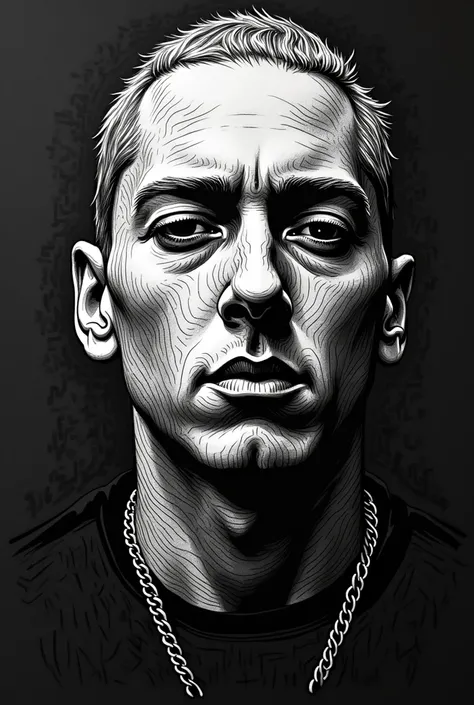 1 portrait cantor EMINEM (adult man</input></xml>:1.2) flat lines, (portrait:1.3) gangster (stencil, work of art, realistic:1.3), (extremely intricate:1.2), (contour, tangled, monochrome, linear drawing:1.2) Dynamic angle, dutch angle, pen and ink art on b...