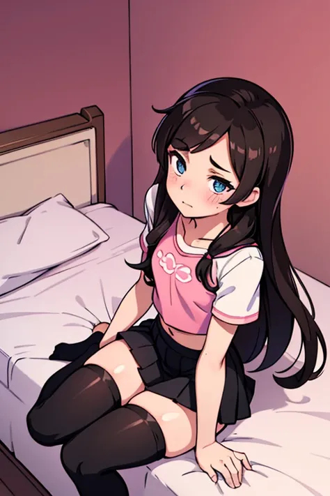 1woman, brunette hair, hair covering right eye, ow2 d.va face, blushing, spaggethi string crop top, small pleated black skirt, black thigh-highs, pulling up her thigh-highs over her thigh, pulling up her right legging, no shoes, bedroom background, from ab...