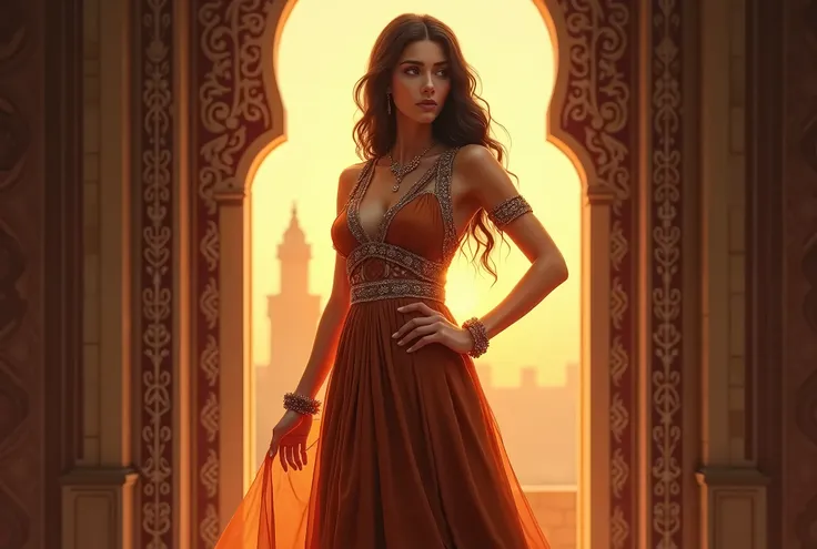 Femme vêtue dune robe marron, princesse marocaine, princesse sexy, princesse arabe, debout devant la fenêtre et posant sa main sur son front pour bloquer le soleil dans ses yeux, peau du Moyen-Orient, princesse arabe, beauté arabe, belle femme authentique