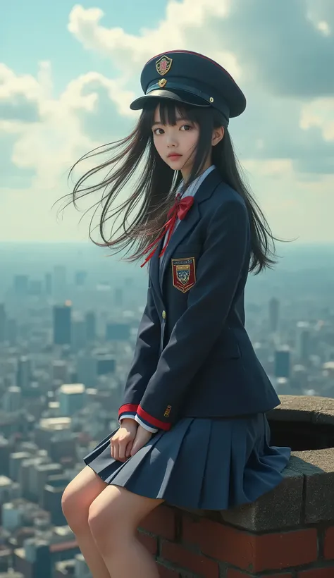 live-action、Real、1 person, Idol, Very beautiful Japanese elementary school student,Straight Long Hair、Blazer uniform、Uniform and matching hat、Red Random、movie、photograph, Depth of written boundary, Model, window, looking at viewer,Cloudy、sitting at the top...