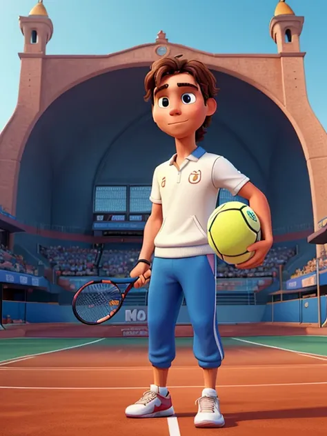 A movie poster with title "Rafael Nadal" Inspired by the signature digital art style of Disney Pixar where he appears playing on a tennis clay court wearing a Spanish tracksuit and a tennis racket and ball.