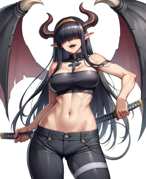 Rosto detalhado, grandes olhos, sharp teeth, hair over eyes, hairband, demon horns, demon wings, long hair, pointy ears, elf, black hair, corpo inteiro, peitos muito muito grandes, peitos gigantescos, todo o corpo, pernas, a futuristic female warrior holdi...