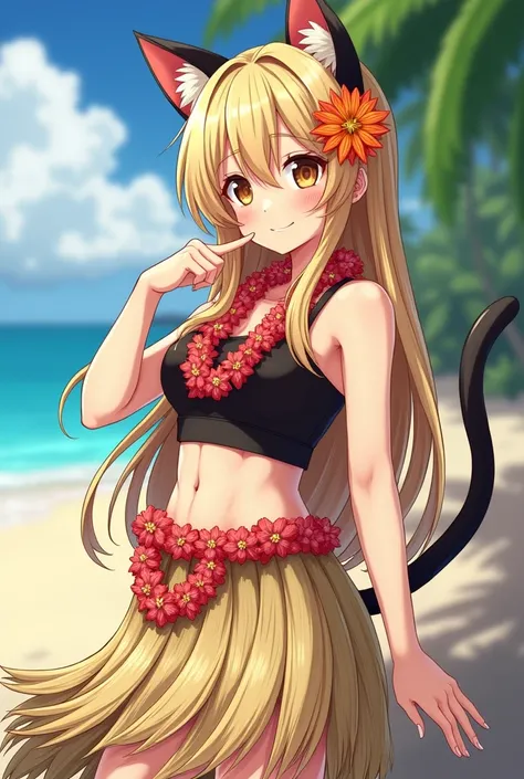 Magical girl and a famous idol with long straight light blonde hair and black ears and a cat tail, Brown eyes with traditional Hawaiian clothing can be simpler clothing Like the costume party with flower necklace skirt from Comoros straw skirt 