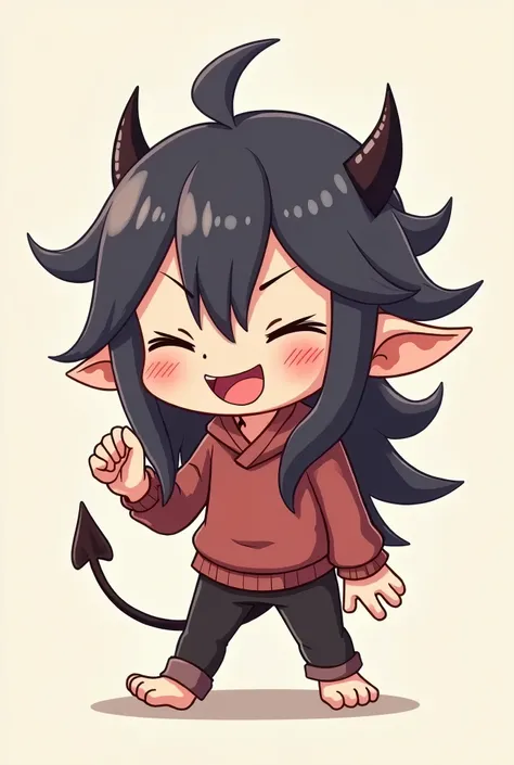 Long haired demon boy anime chibi with closed eyes and open mouth 