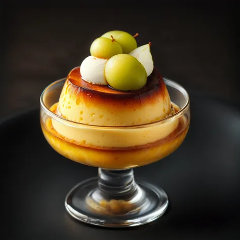 generate an image of a classic custard pudding served in a small, round glass dessert dish with a short stem, resembling a low w...