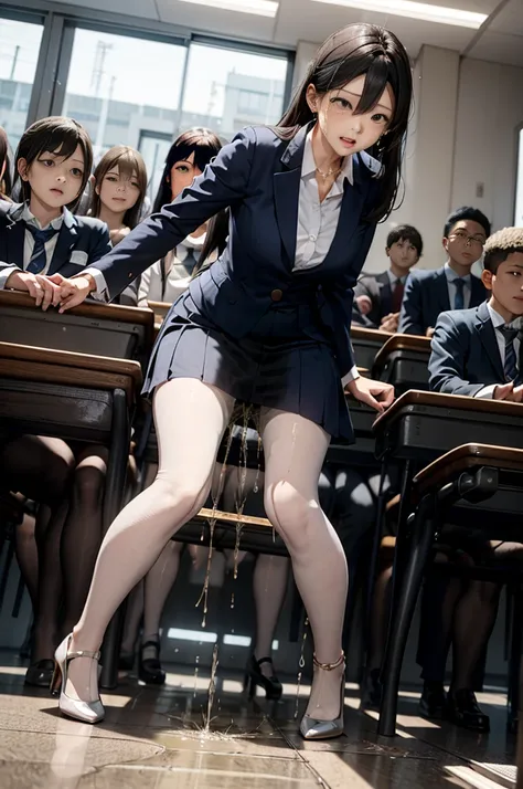 Female teacher pisses、Female teacher urinates at student graduation ceremony、Pee leak、Peeing、Lots of pee、from the front、Gazing at the audience、Black Suit、Black Skirt、White panties、pantyhose、High heels、Perfect figure、so beautiful、Japanese elementary school ...