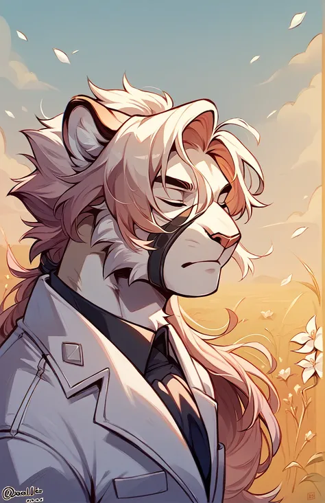 A juvenile tiger, Hairstyle (Long hair), in white suit, with eyes closed, while holding a daffodil, on the face in the middle of a field of flowers behind, bottom, necessary. 