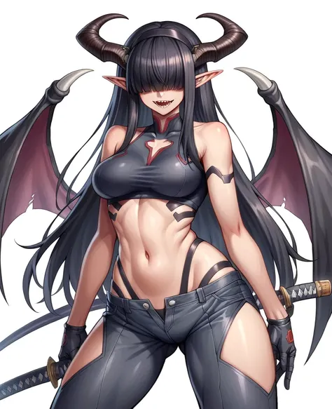 rosto detalhado, grandes olhos, sharp teeth, hair over eyes, hairband, demon horns, demon wings, long hair, pointy ears, elf, bl...