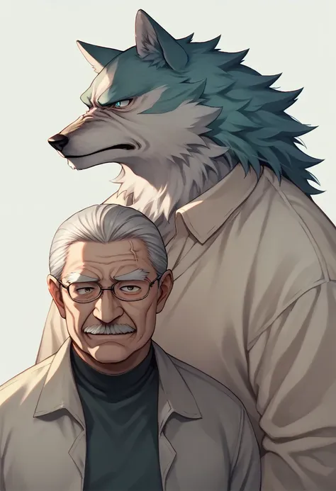 score_9, score_8_up, score_7_up, , shirou ogami, wolf, , fox, cover art,old,おold man,elder,senior citizen,wrinkles,fine lines,額の...