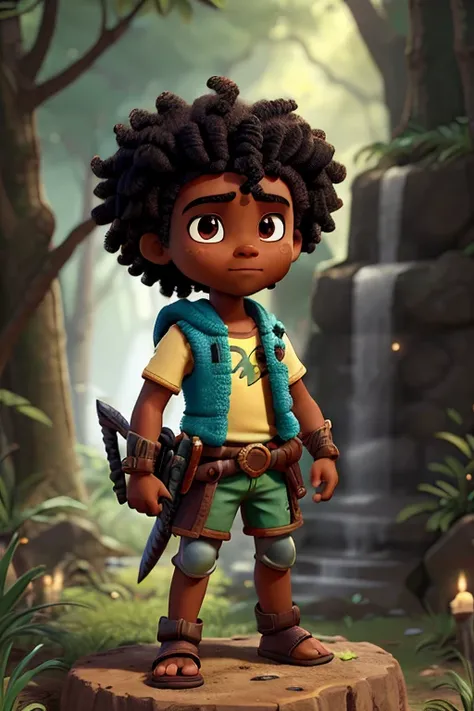 A young depiction of Ogum, the Afro-Brazilian orixá of war, iron, and protection. He is portrayed as a strong yet youthful child with determined eyes and short curly hair. His attire is a warriors tunic in shades of blue and dark green, adorned with metal ...