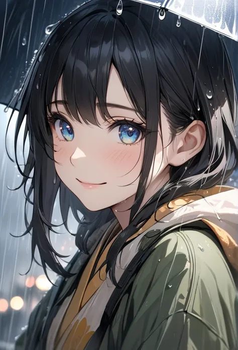 Upper body close-up（((masterpiece), on)"Perfect face, short black hair, beautiful eyes, Japanese, clean facial features, she is slightly smiling while standing in the rain. Her expression is warm, filled with kindness and courage. Raindrops fall down her h...