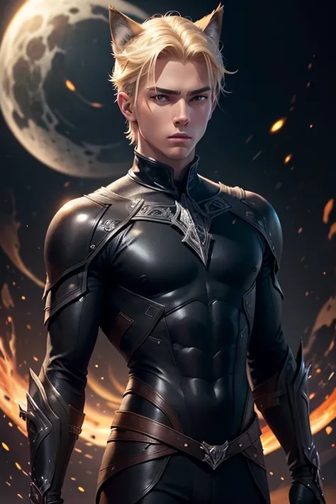 A blonde, amber-eyed teen male assassin, with black wolf ears, cleanly shaved, intricate detailed face and eyes, flawless skin, mysterious expression, sleek black bodysuit, cosmic energy swirling around, dark shadowy background, cinematic lighting, highly ...