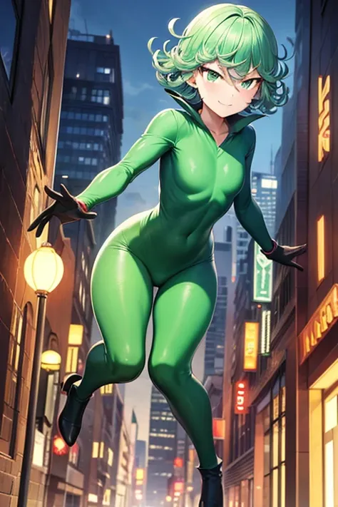 Masterpiece, best quality, ultra detailed, illustration, lighting epic, cinematic composition, 1 girl, Tatsumaki, short hair, green hair, very small breasts, green eyes, bright eyes, smiling, blushing, closed mouth, piercing gaze, full body, black collar, ...