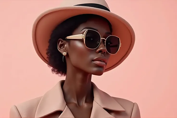 black woman with a basic look but wearing  An amazing bag, a stylish hat or a different pair of sunglasses, realistic detail and natural,  background to be a pastel pink tone, 3d detail, photo realistic, background minimalist 