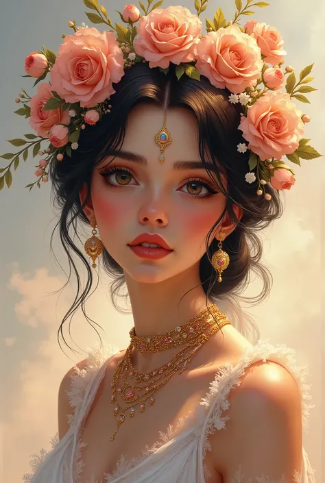 a beautiful woman, roshni, detailed portrait, expressive face, elegant jewelry, soft lighting, intricate floral crown, warm color palette, delicate linework, ethereal atmosphere, masterpiece