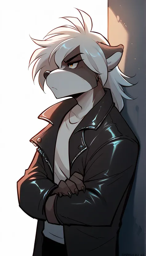 A black and white badger in a leather jacket, Hairstyle (Pompadour), Leaning against the wall, Serious, at night low lighting.