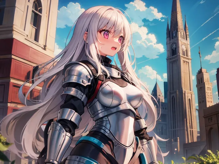 An illustration of a female knight dressed in a armor (breaking). Even though the characters are no clothes. She is dropping the sword and standing with her cheeks blushing. Majestic castles and battlefields spread out in the background, and the overall sc...