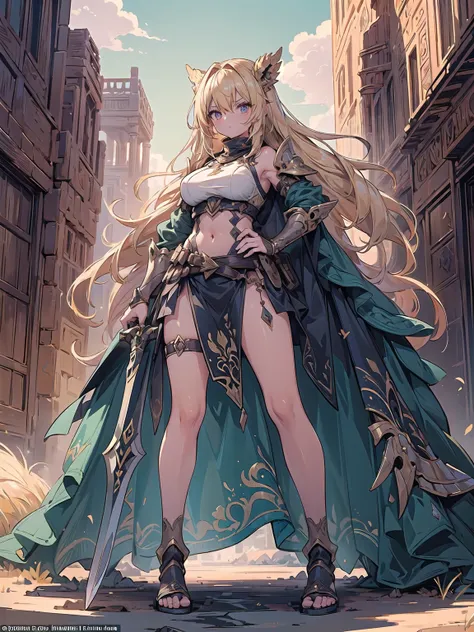 (((masterpiece, best quality, high detailed, 16k))) (1girl) A tall, sun-kissed female warrior with short, sandy blonde hair, tied back in a tight braid. Her amber eyes gleam with fierce determination, and her skin is tanned from countless battles under the...