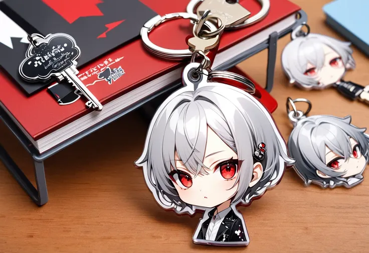 ((Acrylic key chain with girl illustration)) put on desk, (cool crrw cut silver very short hair) (cool divine boy), (cool red eyes).