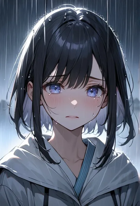 Upper body close-up（((masterpiece), on)""Perfect face, short black hair, beautiful eyes, Japanese, clean facial features, she stands still in the rain, with tears and raindrops mixing on her face. Her expression is filled with sadness, as tears and rain bl...