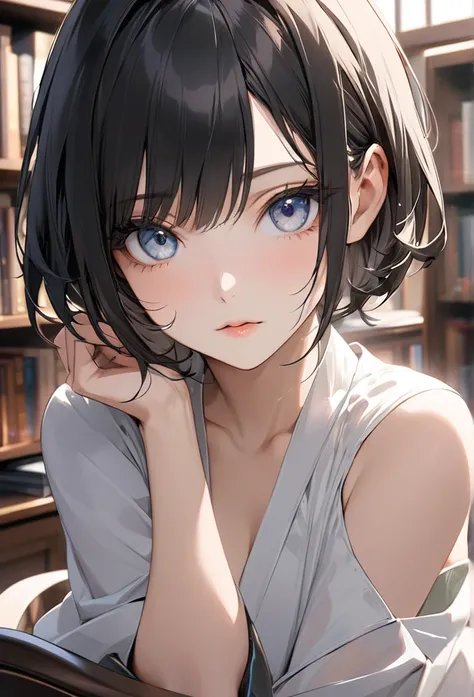 Upper body close-up（((masterpiece), on)""Perfect face, short black hair, beautiful eyes, Japanese, clean facial features, she sits in a study chair, looking into the camera with an intellectual expression. A bookshelf is visible in the background, highligh...