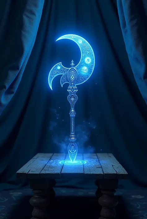 Blue moon sickle fantasy weapons has starry and moon blue aura around on wooden table in gypsy dark blue tent 