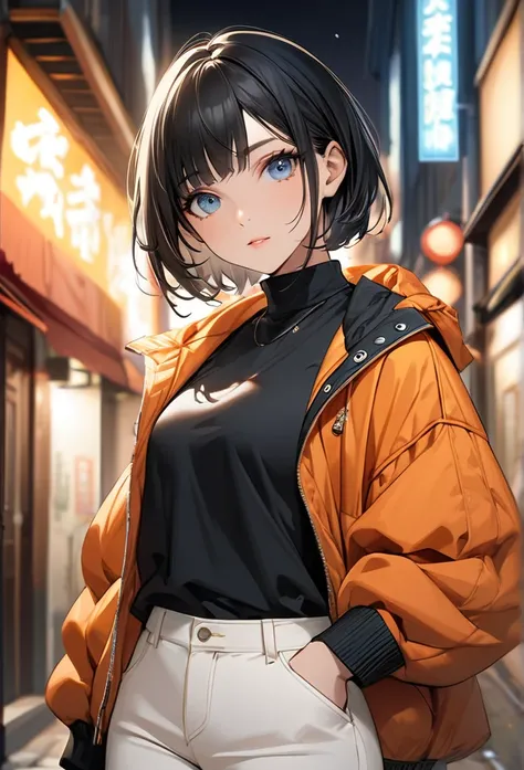 Upper body close-up（((masterpiece), on)""Perfect face, short black hair, beautiful eyes, Japanese, clean facial features, she is wearing a street-style jacket and pants, giving the camera a confident look. Her casual yet refined style enhances both her str...