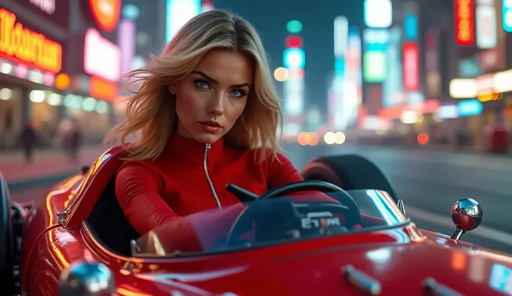 a beautiful sexy blonde woman, detailed face and eyes, long eyelashes, wearing a tight red racing suit, driving a 1950 formula 1 red racing car at high speed, neon city background, detailed car interior, dramatic lighting, cinematic composition, photoreali...