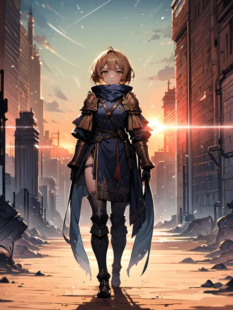 (((masterpiece, best quality, high detailed, 16k))) (1girl) A tall, sun-kissed female warrior with short, sandy blonde hair, tied back in a tight braid. Her amber eyes gleam with fierce determination, and her skin is tanned from countless battles under the...