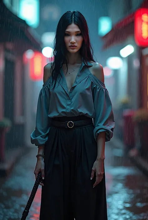 A young woman wearing a modern gray feminine blouse with blue details leaving her shoulders exposed and long, wide black pants is standing holding a samurai sword. Her eyes are black as is her long, straight black hair. She wears metallic blue lipstick on ...