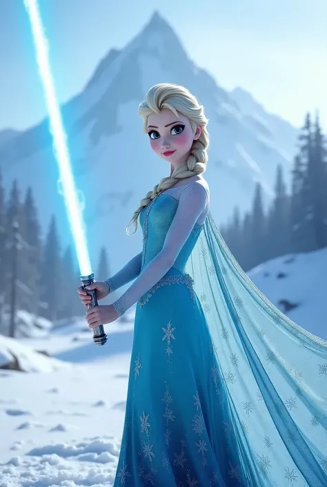 real photo. Elsa from frozen with a blue lightsaber. In the background there is a snowy mountain 